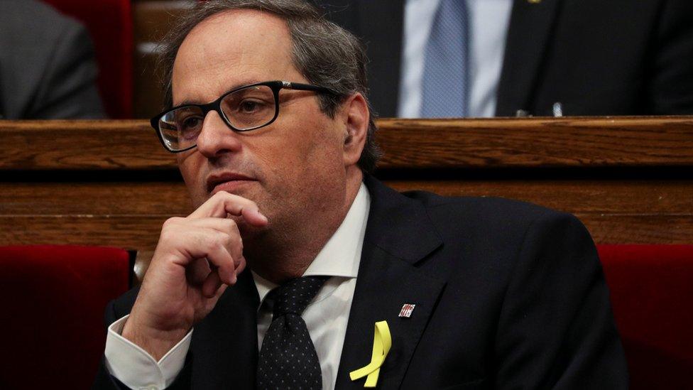 Quim Torra looks on during an investiture debate at the regional parliament in Barcelona on 14 May 2018