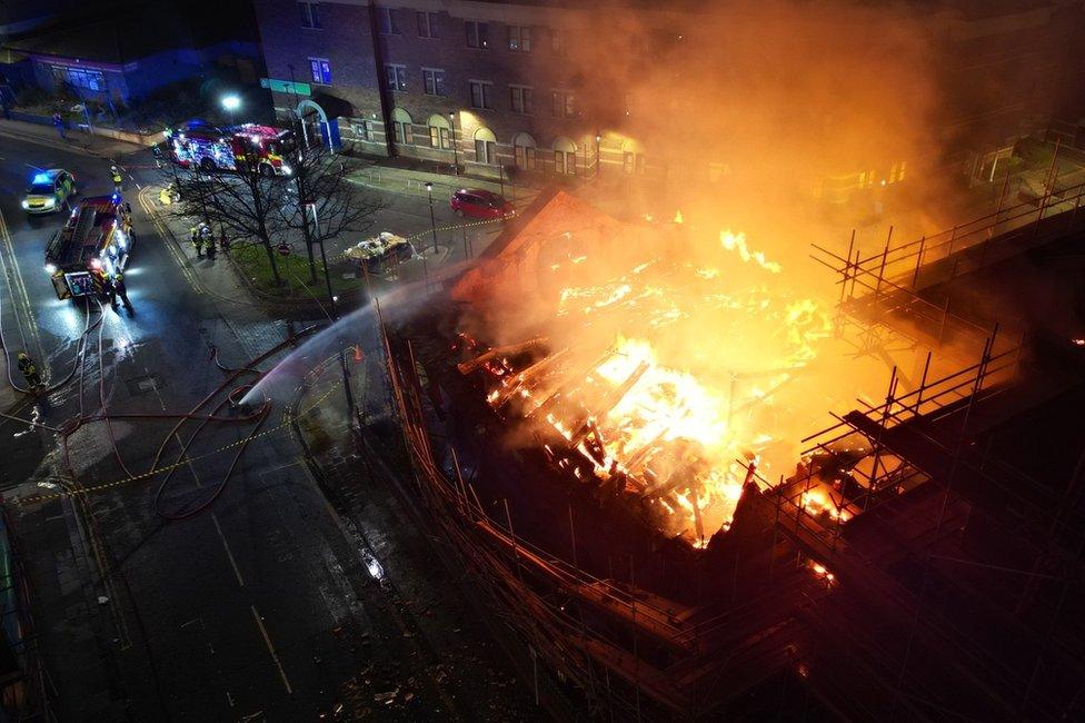 The roof of Wesley Chapel on fire on Tuesday 7 November