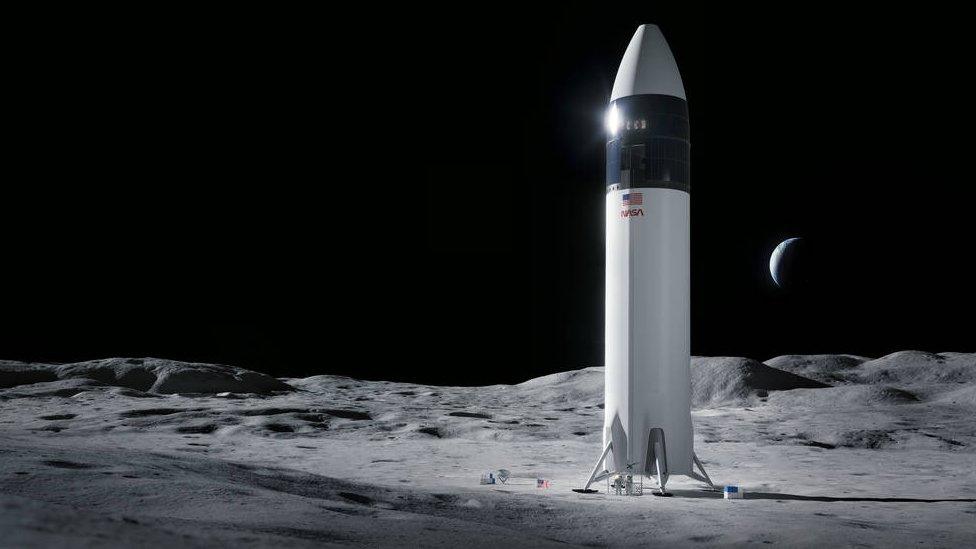 Space X Starship on the Moon's surface.