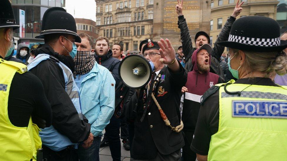 People demonstrating against a Black Lives Matter protest at Grey"s Monument in Newcastle