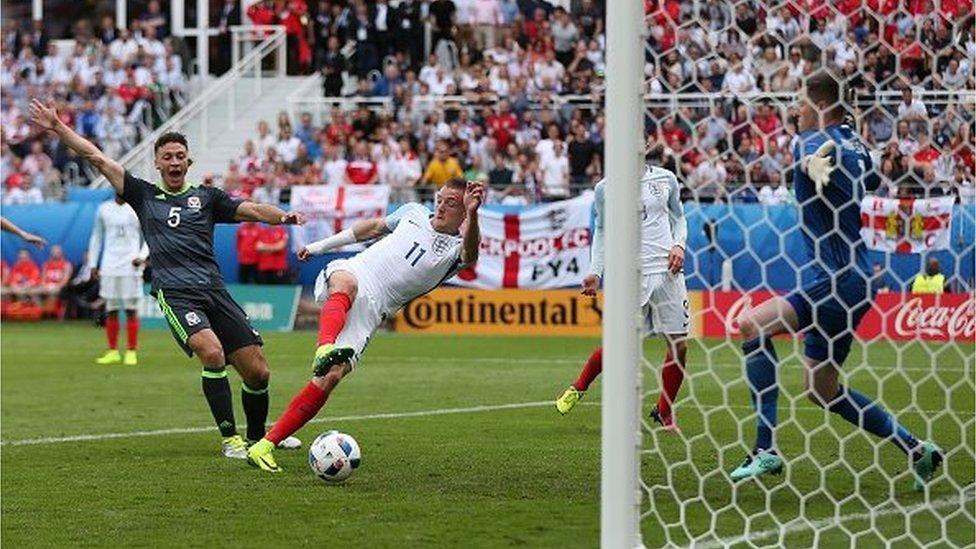 Jamie Vardy scores his third goal for England