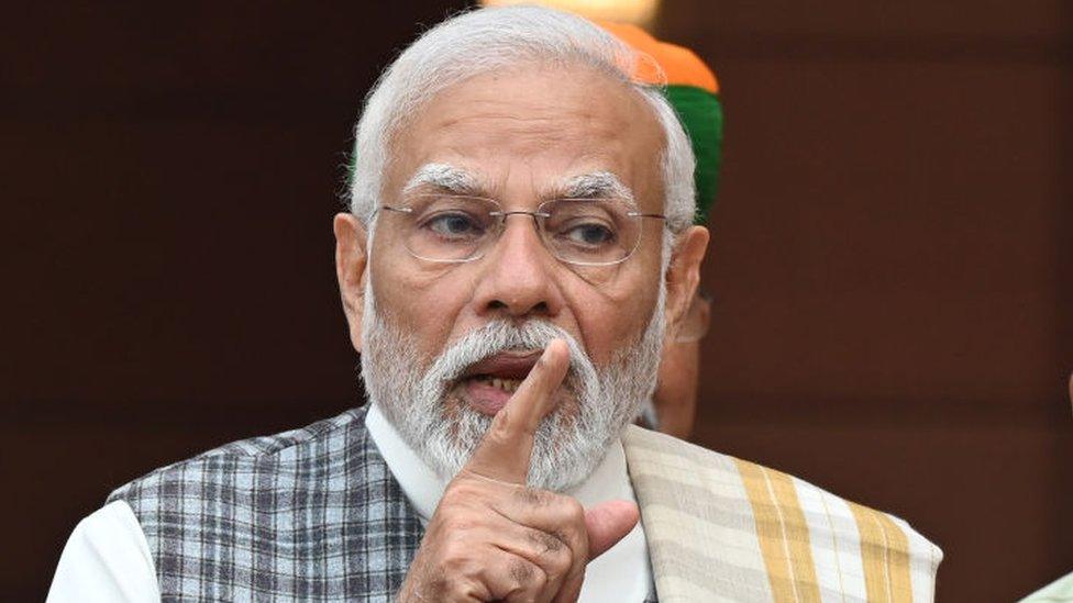 NEW DELHI, INDIA DECEMBER 4: Prime Minister Narendra Modi with Union Ministers Pralhad Joshi, Jitendra Singh, Arjun Ram Meghwal and V. Muraleedharan address the media on the first day of the Winter session of Parliament, on December 4, 2023 in New Delhi, India. The government has 21 Bills on its agenda for the Winter Session, including the bills to replace the IPC, the Indian Evidence Act and the CrPC. Of those 21 bills, two bills were passed on Monday one each in the Rajya Sabha and the Lok Sabha. (Photo by Sonu Mehta/Hindustan Times via Getty Images)