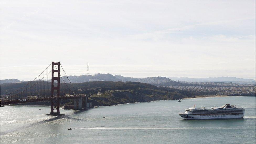 Grand Princess cruise ship near Golden Gate bridge