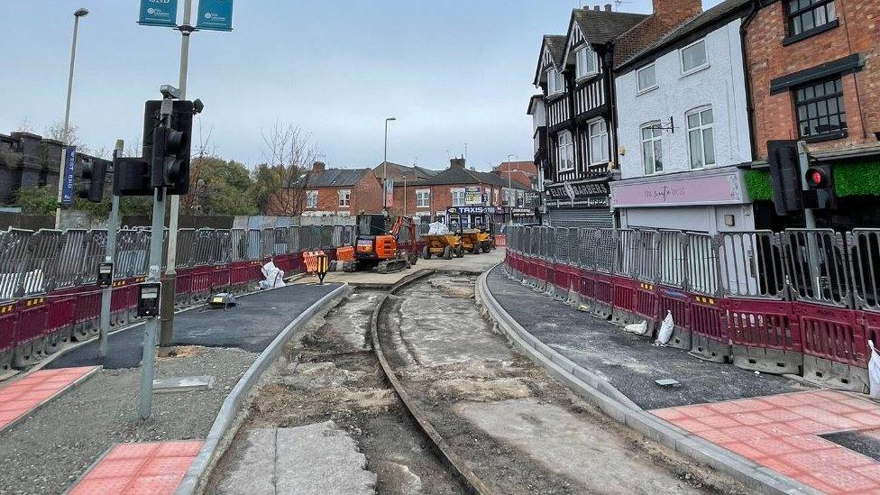The exposed tram tracks in Braunstone Gate