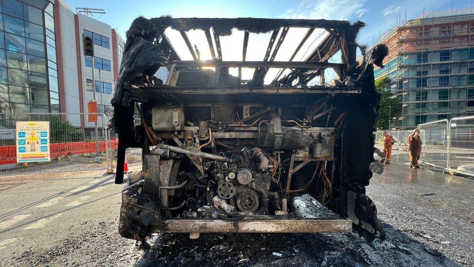 The bus has been completely destroyed by the fire