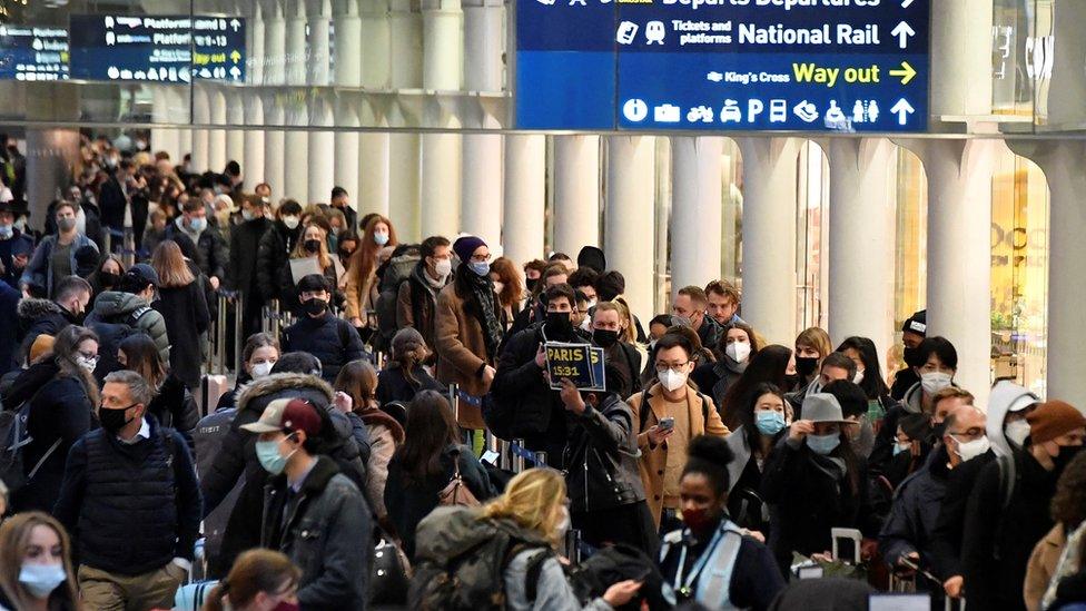 Passengers queue to board Eurostar trains at St. Pancras International station, ahead of increased restrictions for travellers to France from Britain, amid the spread of the coronavirus disease (COVID-19) pandemic, in London, Britain