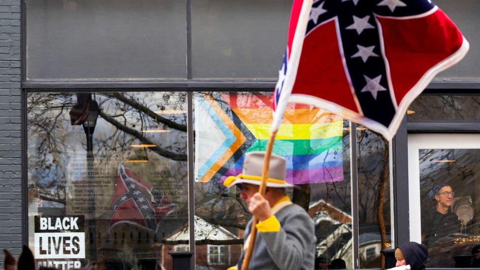 Confederate re-enactors and supporters march in Lexington, Virginia, during Lee-Jackson Day celebrations in January 2024