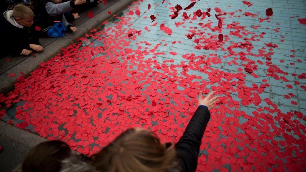 People throw poppies into a fountain in Trafalgar Square, London