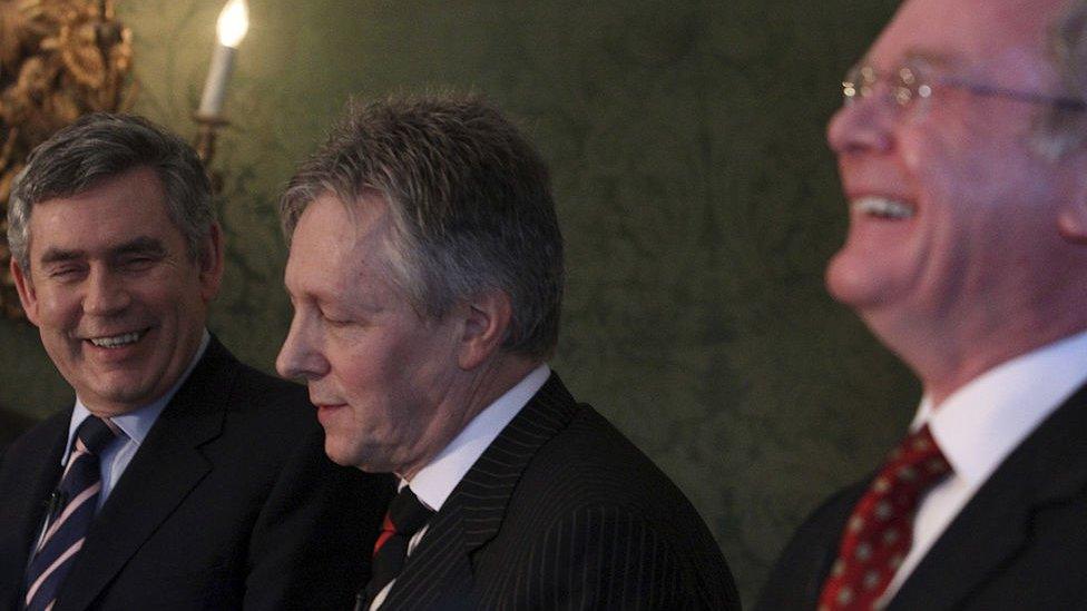 Prime Minister Gordon Brown with DUP leader Peter Robinson and Martin McGuinness