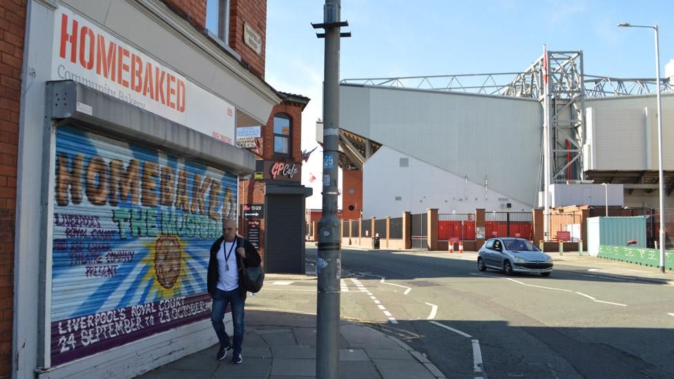 Homebaked bakery with Anfield Stadium in Liverpool