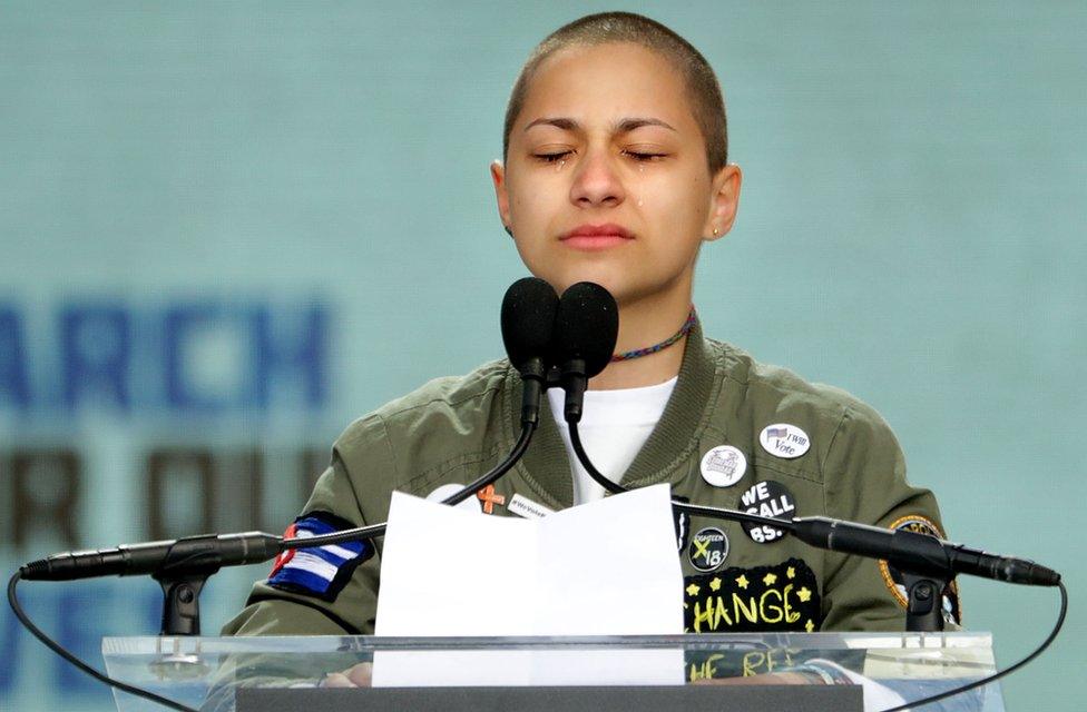 Tears roll down the face of student Emma Gonzalez as she observes 6 minutes and 20 seconds of silence while addressing the March for Our Lives rally on March 24, 2018 in Washington, DC.