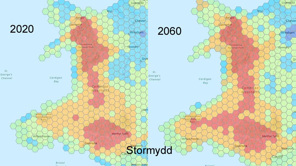 Mapiau stormydd posibl 2020 a 2060