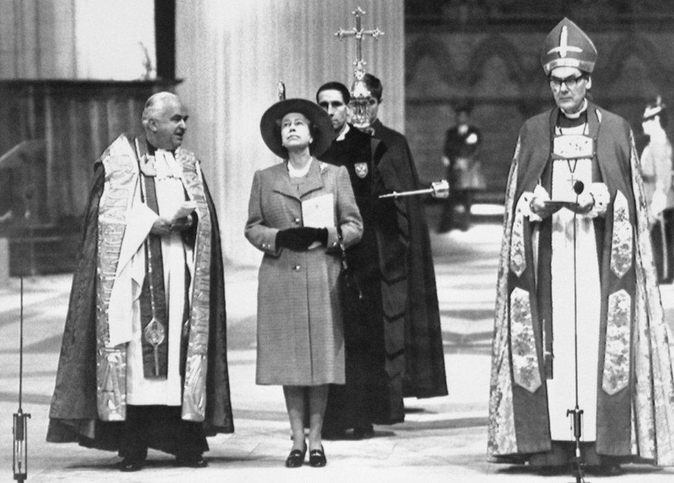 The Queen with the Archbishop of York and the Dean of York inside York Minster