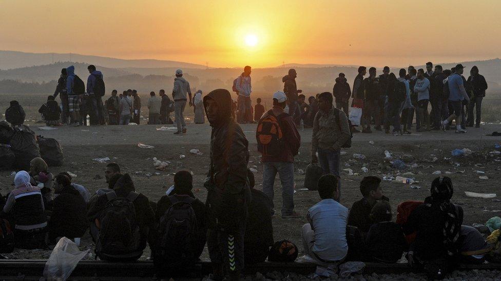 Migrants at railway tracks near Greek border with Macedonia