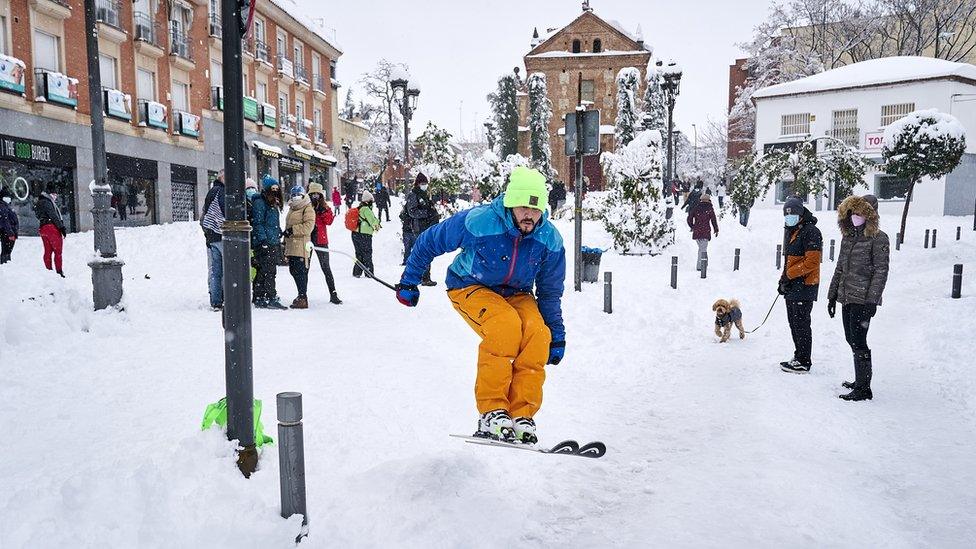 A skier seen in action during the Filomena heavy snowfall