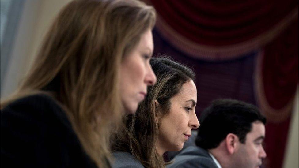 Monika Bickert, Facebook"s Head of Global Policy Management, Juniper Downs, YouTube "s Global Head of Public Policy and Government Relations, and Carlos Monje, Director, Twitter"s North America Public Policy and Philanthropy, participate in a Senate hearing.