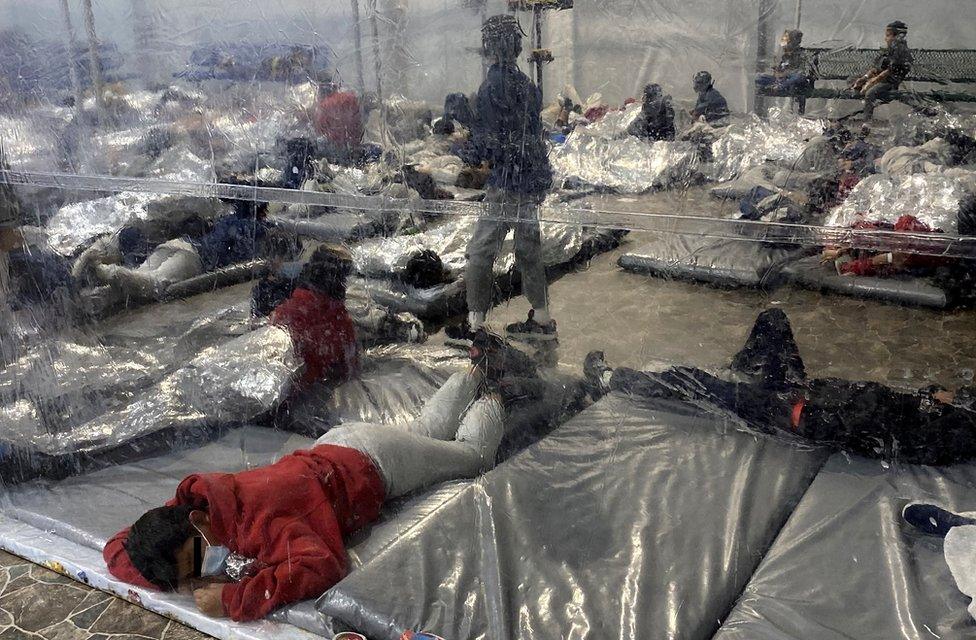 Migrants at the US Customs and Border Protection temporary processing centre in Donna, Texas, 22 March 2021