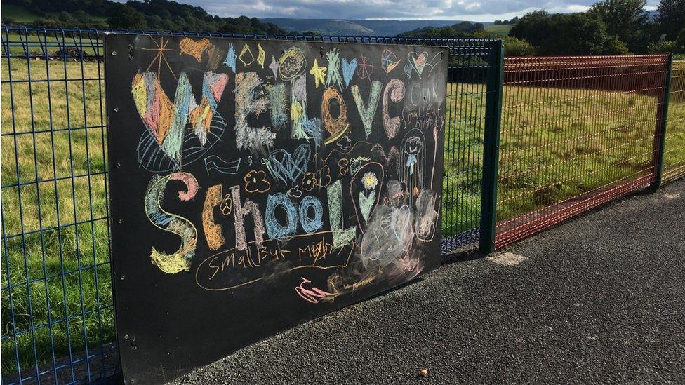 A welcome sign at Llanbedr School