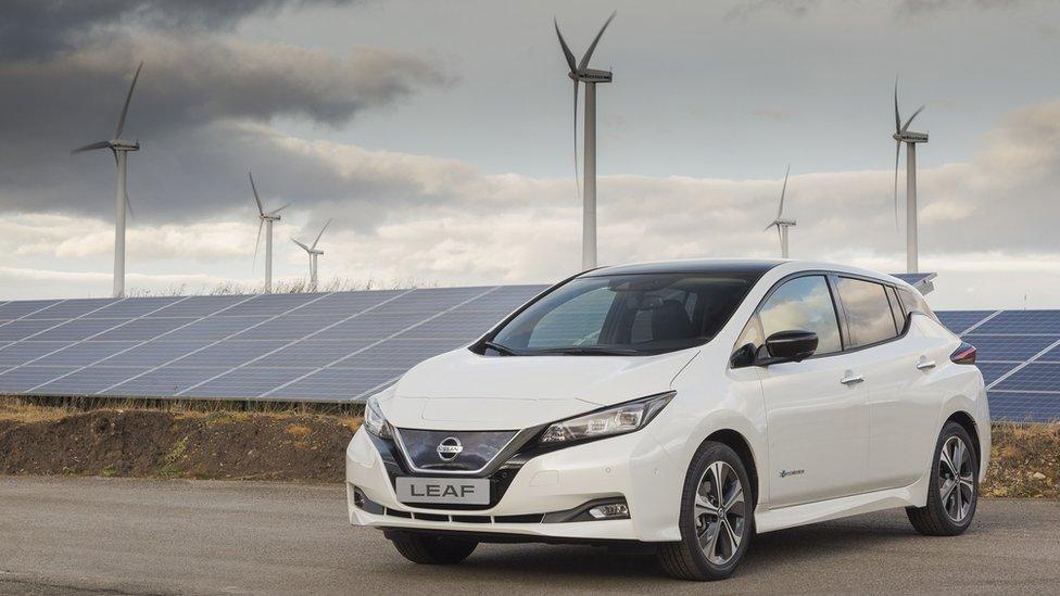 Nissan Leaf next to turbines