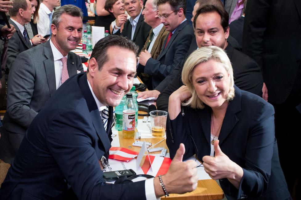 Mr Strache (front, L) with Ms Le Pen and other far-right politicians in Vösendorf, Austria, 17 June 2016