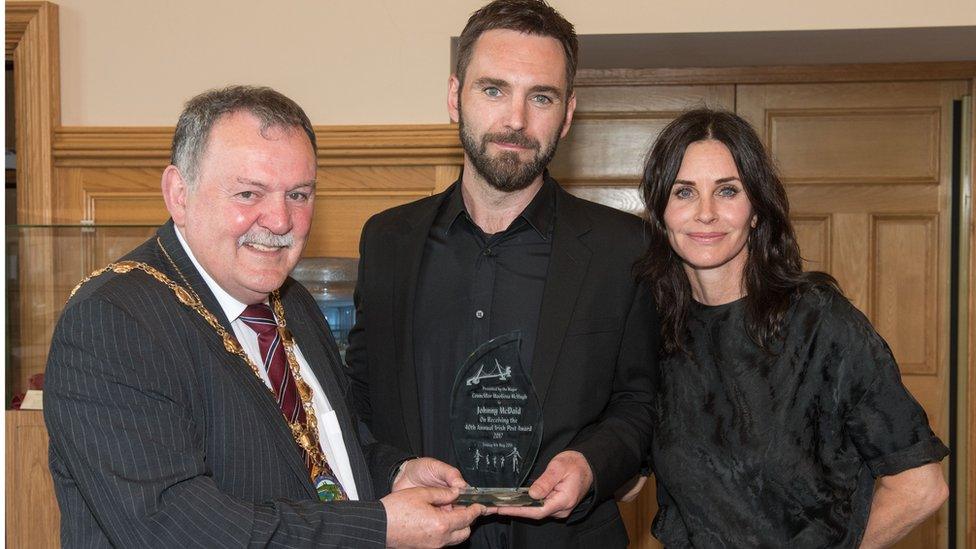 Maolíosa McHugh, the Mayor of Derry, with Johnny McDaid and his fiancée Courtney Cox