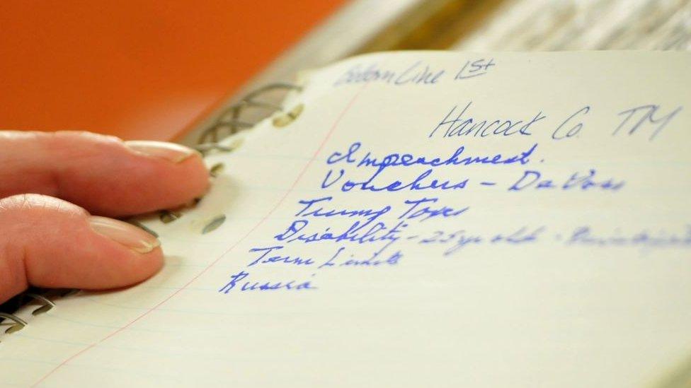 U.S. Sen. Chuck Grassley (R-IA) writes himself notes during a town hall meeting at the Hancock County Courthouse February 21, 2017 in Garner, Iowa