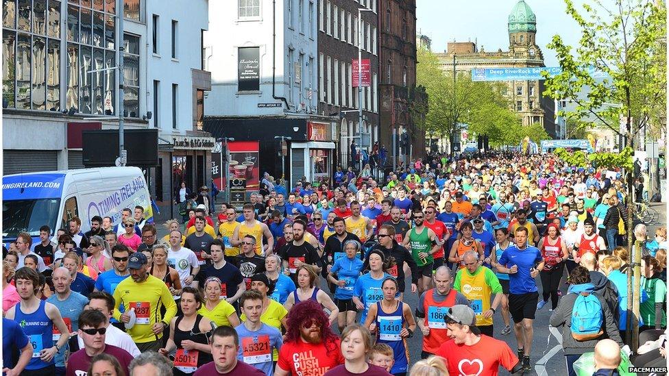 Runners start the Belfast City Marathon, Belfast City Hall, 1 May 2017