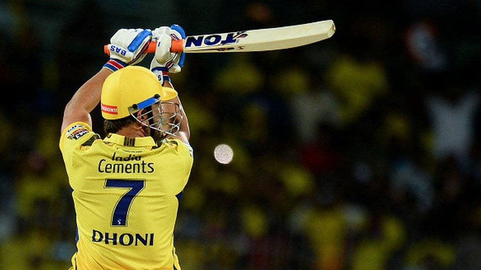 Chennai Super Kings' captain Mahendra Singh Dhoni plays a shot during the IPL match on April 3