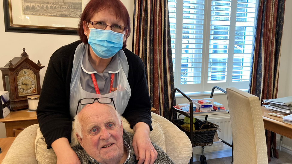 Care worker Kate Ball with her client in Bradford on Avon, Mike