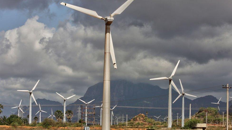 Wind turbines generate electricity in Punniyavalanpuram, Tamil Nadu