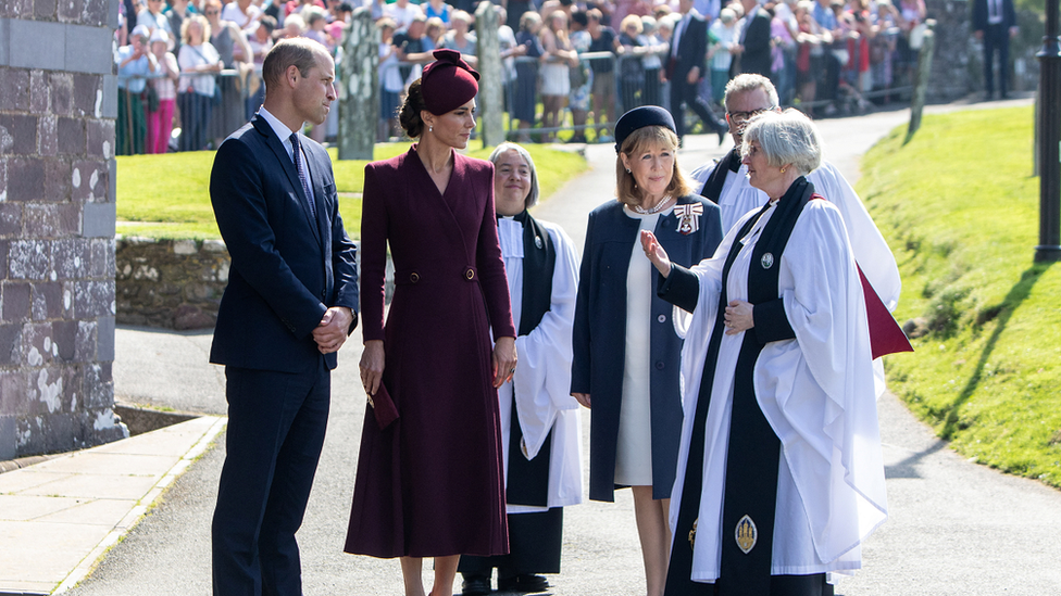 The Prince and Princess of Wales at St Davids Cathedral in Pembrokeshire on the anniversary of the late queen's death