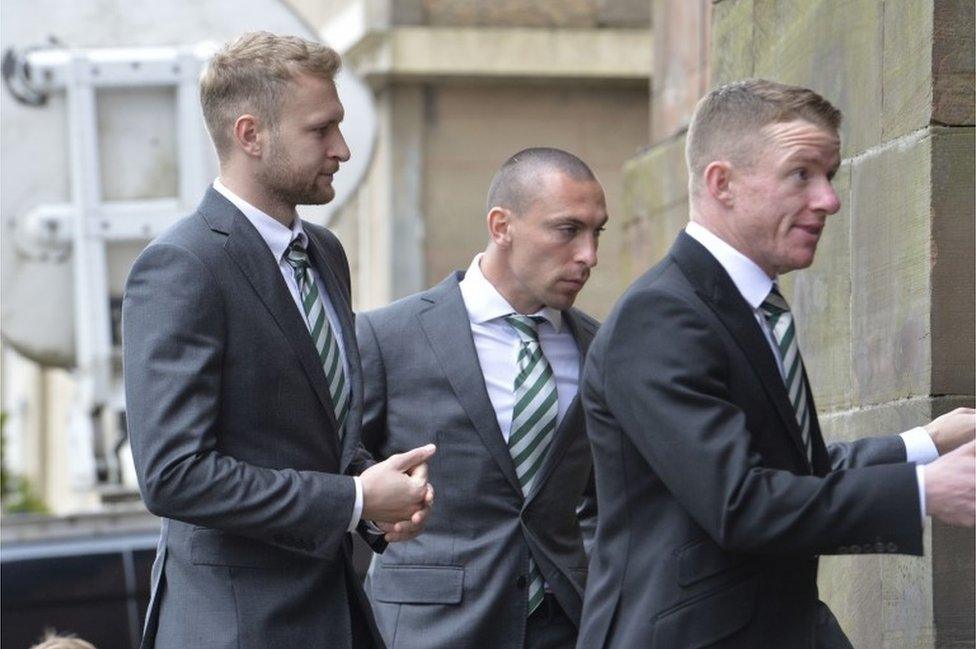 Celtic players Scott Bain, Scott Brown and Johnny Hayes