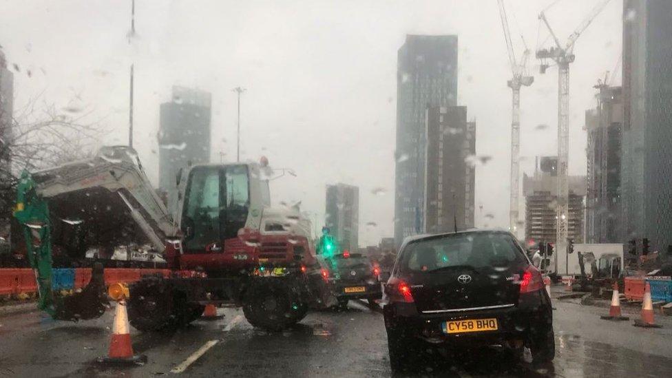 Empty digger blocking traffic heading into town on Chester Road