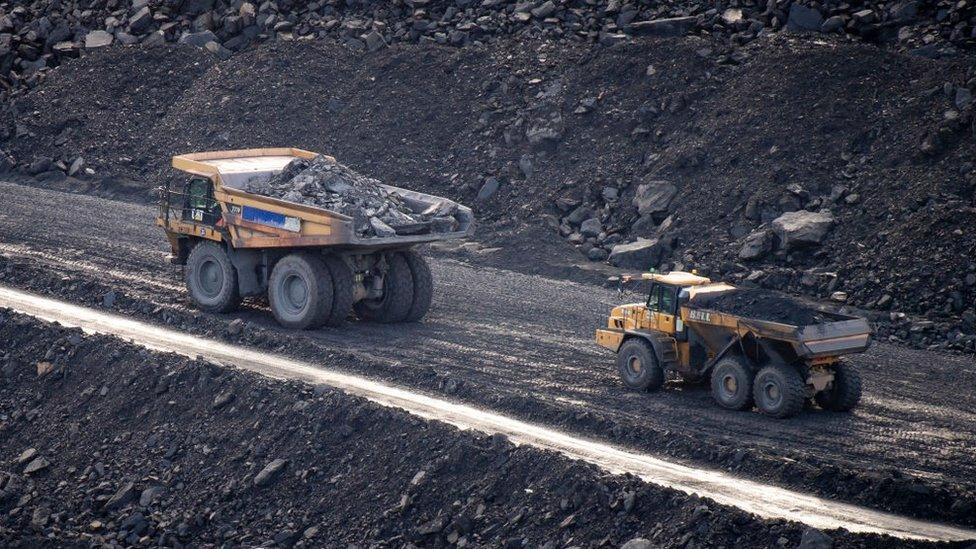 Trucks at Ffos-y-Fran opencast coalmine in November 2021