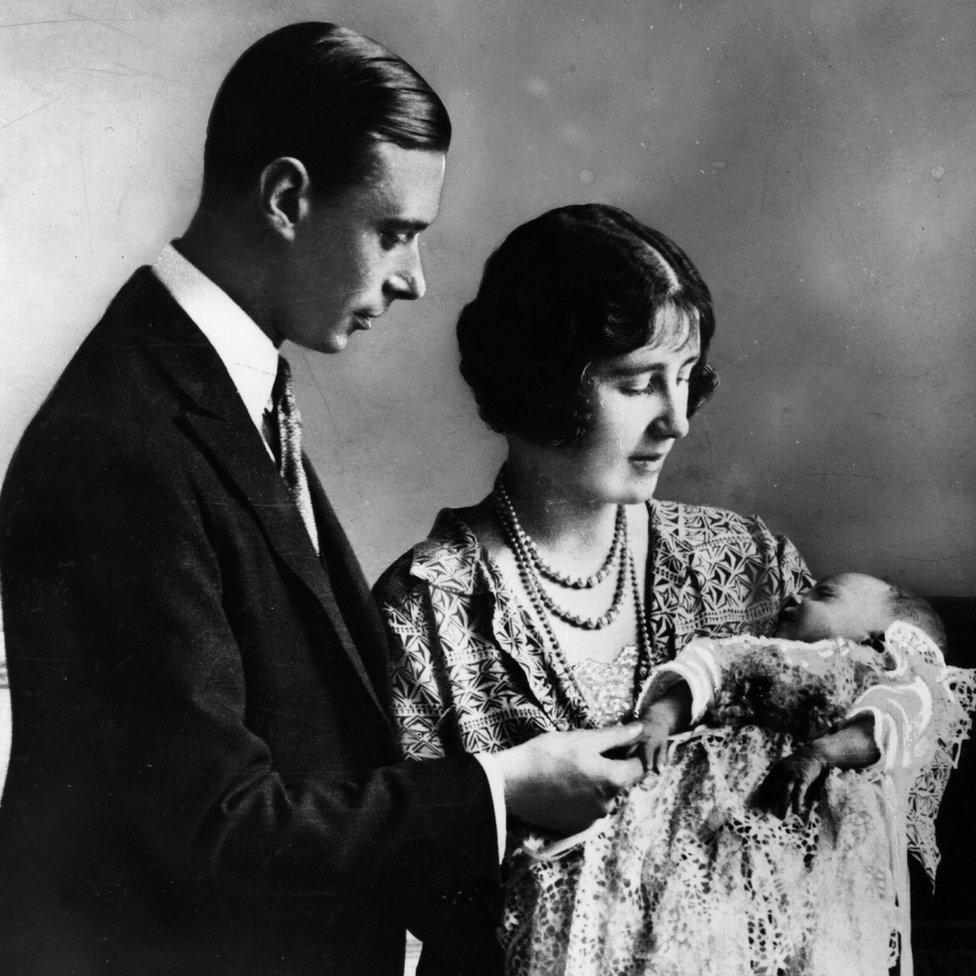 Princess Elizabeth at her christening ceremony with her parents