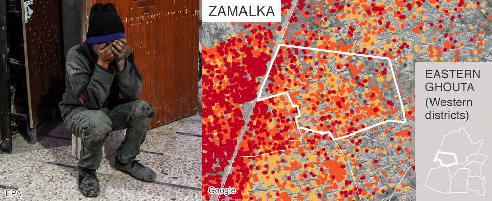 Map showing damage in Zamalka, Eastern Ghouta