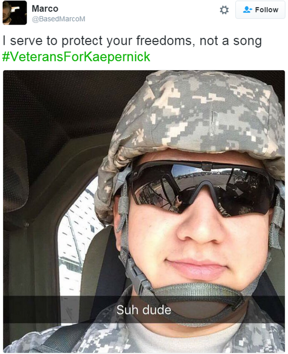 A tweet reads: "I serve to protect your freedoms, not a song #VeteransForKaepernick"