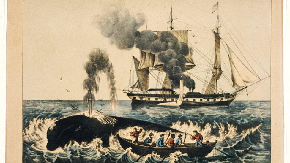 Currier & Ives lithogragh of whalers attacking a right whale