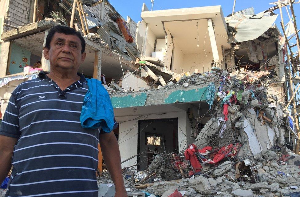 Nexar Santana Lopez outside his damaged home in Pedernales, Ecuador - 19 April 2016