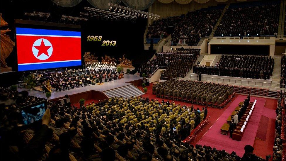 Orchestra performs at the Ryugyong Jong Ju Yong Indoor Stadium in Pyongyang . North Korea (28 July 2013)