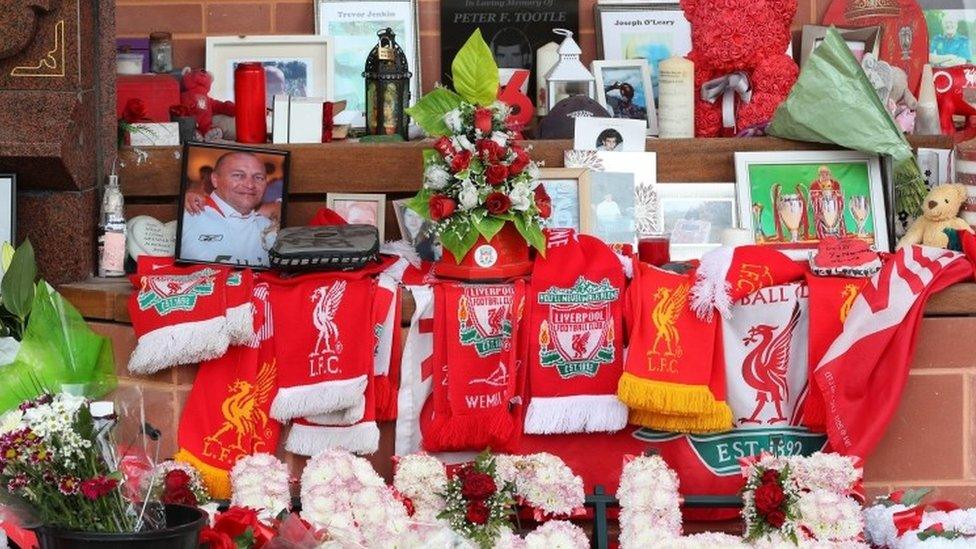 Flowers and tributes at Hillsborough memorial