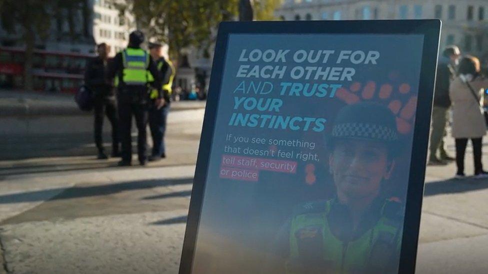 Police sign saying 'Look out for each other and trust your instincts'