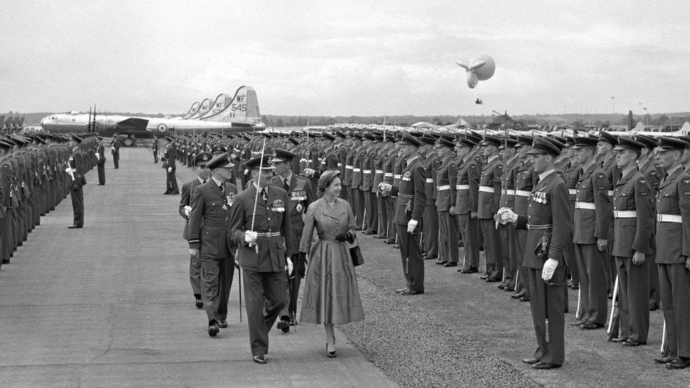 The Queen, accompanied by the Duke of Edinburgh, carried out the Coronation Review of the Royal Air Force, at RAF Station Odiham, Hampshire in 1953. With over 318 planes on the ground, and with over 600 taking part in a fly past, the review was the biggest parade of aircraft in the history of the service at that time.