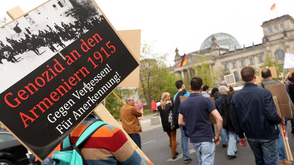 Members of the local Armenian community demonstrate for Turkey's recognition of the Armenian Genocide on its 100th anniversary on April 25, 2015 in Berlin, Germany.