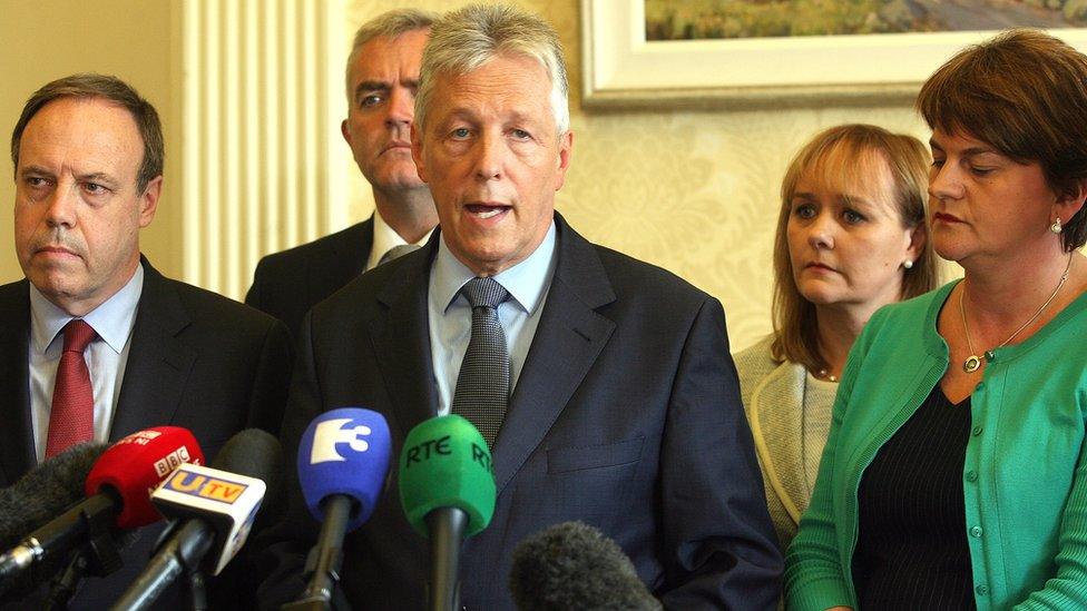 DUP members Nigel Dodds, Jonathan Bell, Peter Robinson, Michelle McIlveen and Arlene Foster