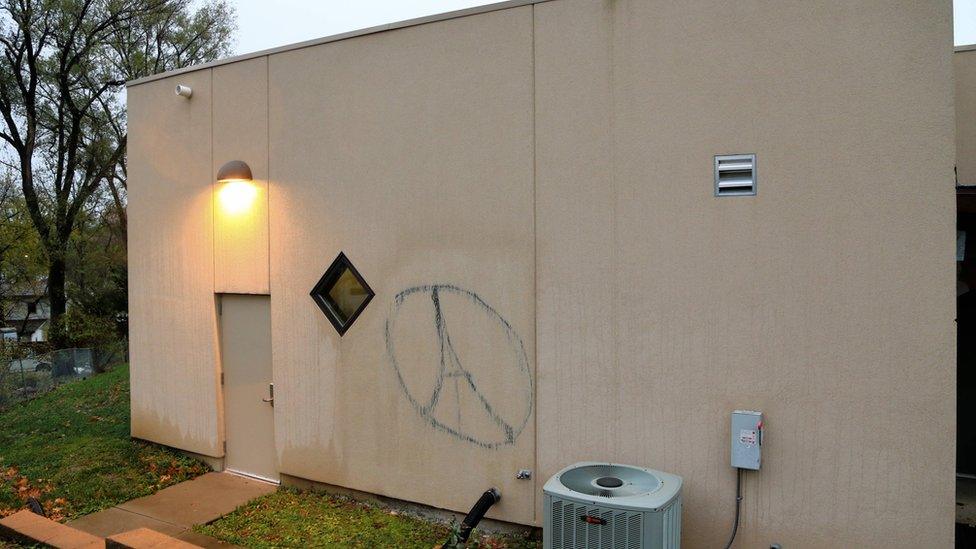 The Omaha Islamic Center with an Eiffel Tower in graffiti after the Paris attacks