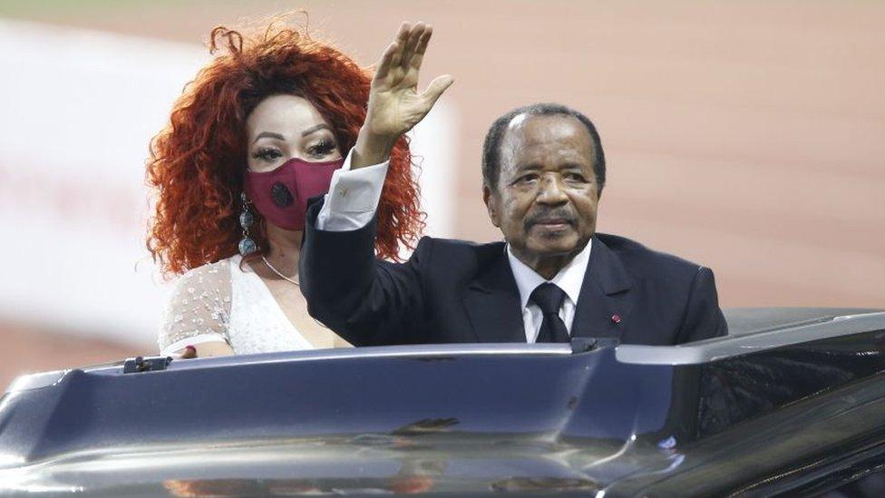 President of Cameroon Paul Biya and his wife Chantal Biya attend the closing ceremony of the Africa Cup of Nations (CAN) 2021 ahead of the final match between Egypt and Senegal at Stade d'Olembe in Yaounde, Cameroon on February 06, 2022.