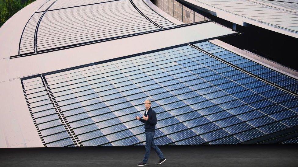 Apple's Tim Cook in front of an image of their HQ