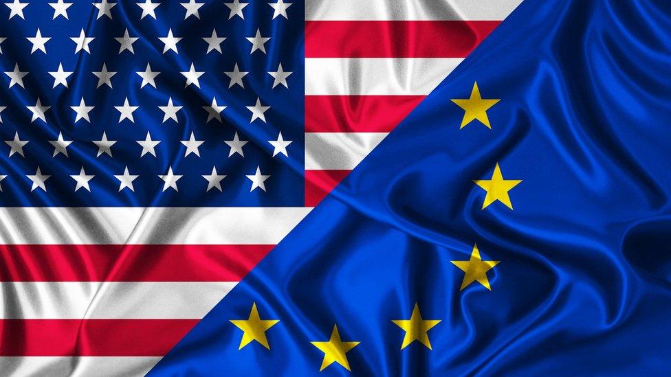 US flag next to EU flag