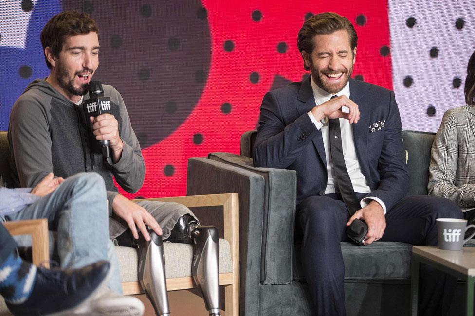 Jake Gyllenhaal with Jeff Bauman at the Toronto Film Festival